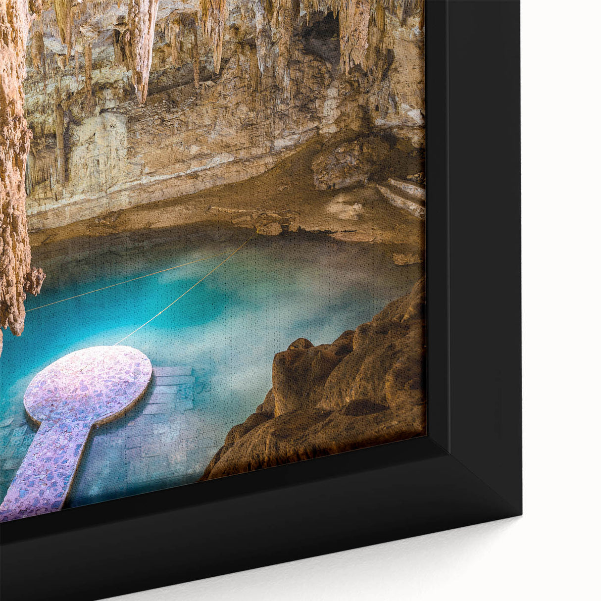 Extra large framed canvas featuring a textured depiction of a Yucatan scenery in vibrant colors, ideal for living room decor.