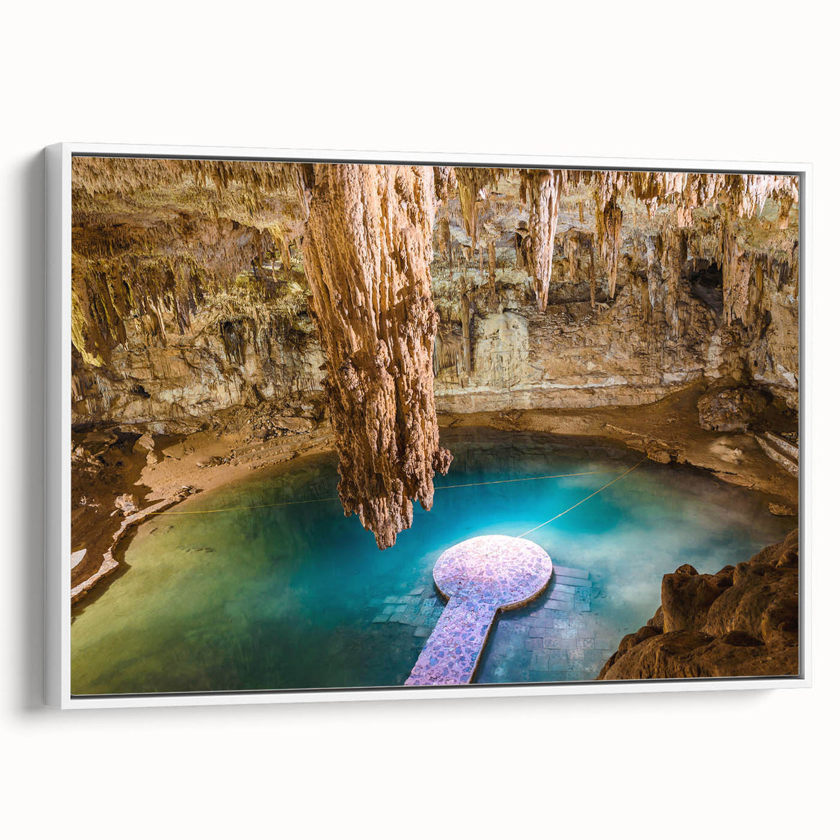 Framed canvas of a vintage poster art depicting a colorful Yucatan, Mexico scenery in extra large size.