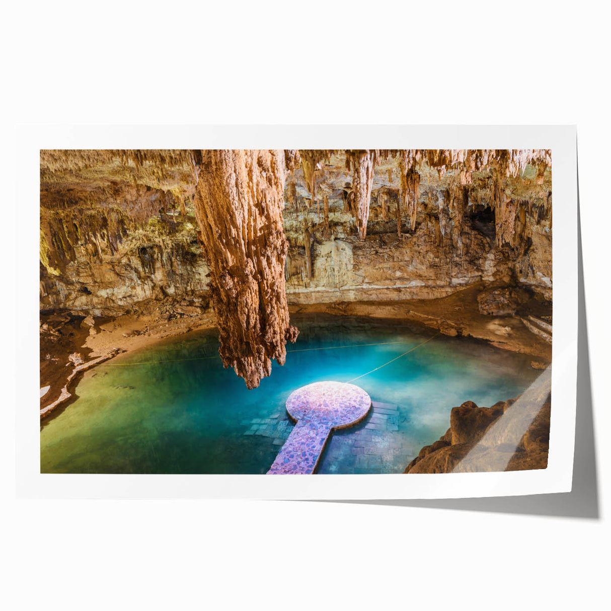 Vibrant floral art depicting Yucatán scenery on a rolled canvas, ideal for dining room wall decor.