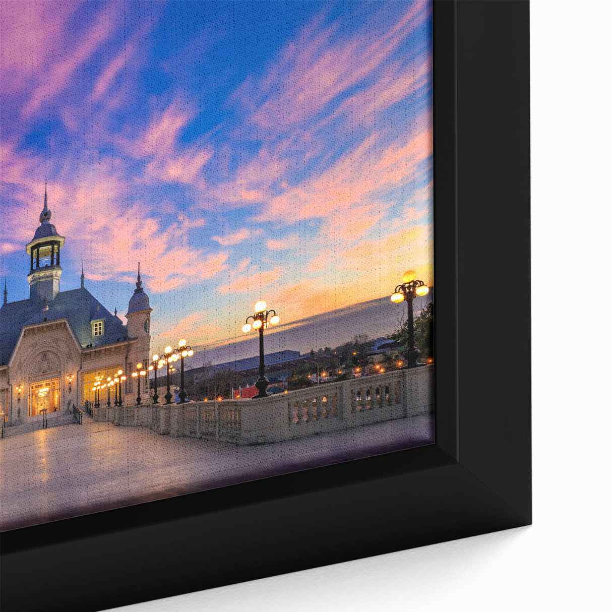 Extra large framed canvas featuring a textured black skyline of Buenos Aires with vibrant colorful accents.