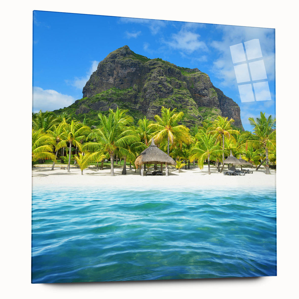 Acrylic print of a large abstract depiction of the Mauritius landscape in cool blue and green tones.