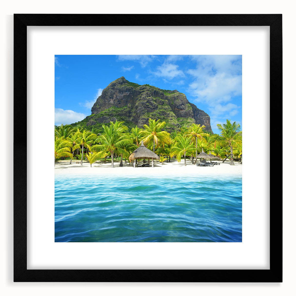 Extra large, colorful abstract art print of a textured African scenery on a black framed canvas, ideal for living room decor.