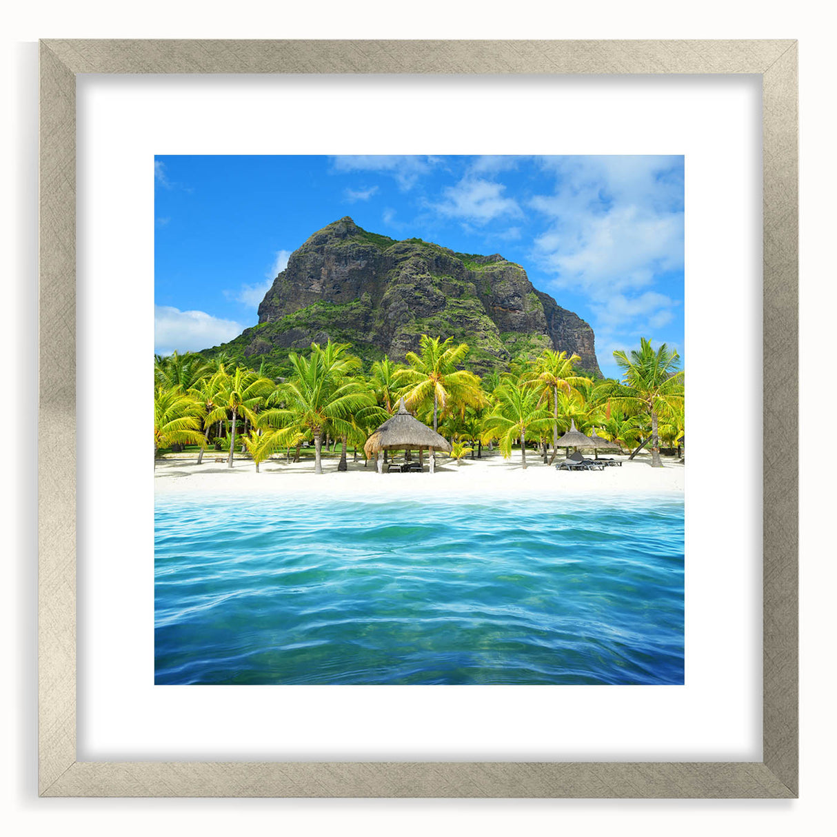 Abstract art print of a stylized Mauritius landscape in silver frame, ideal for dining room decor.