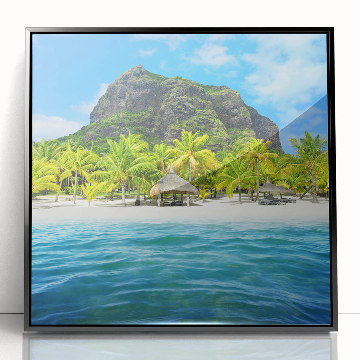 Large abstract wall art depicting a Mauritian landscape in vibrant colors on a framed acrylic print.