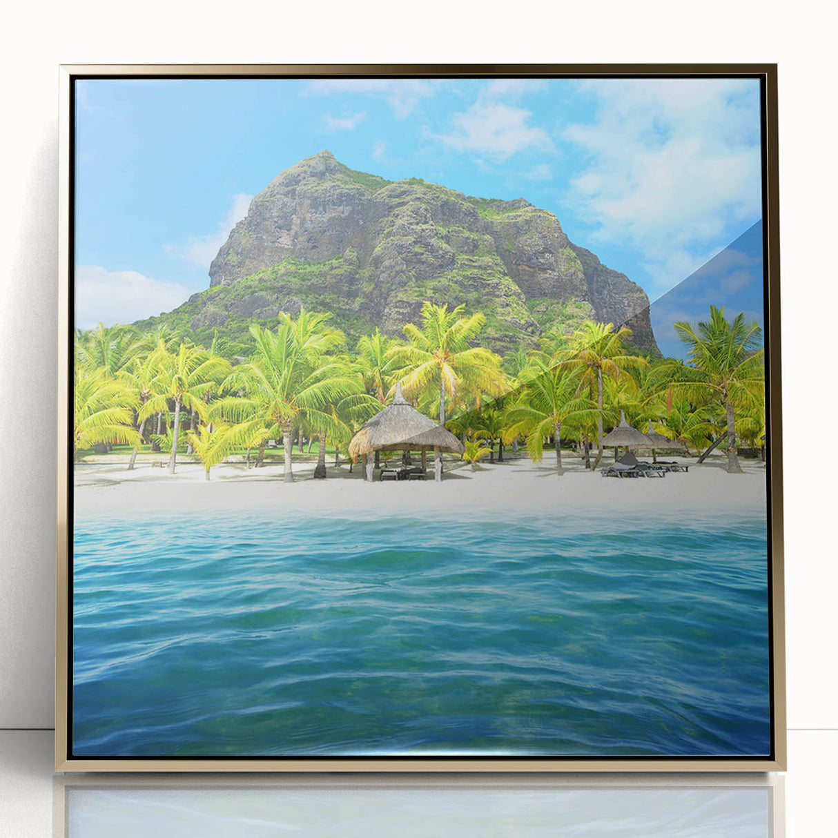 Mid-century modernist art depicting a serene Mauritius landscape in acrylic, framed in gold, ideal for nursery wall art.
