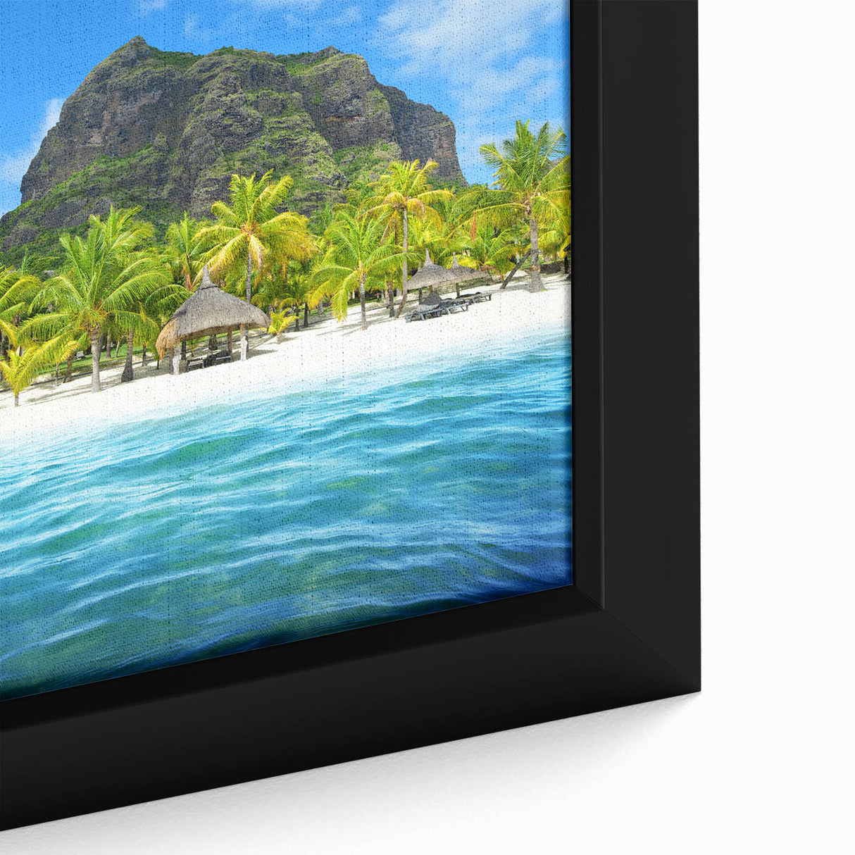 Extra large black wall art on canvas featuring a colorful, textured scene of Mauritius, ideal for living room decor.