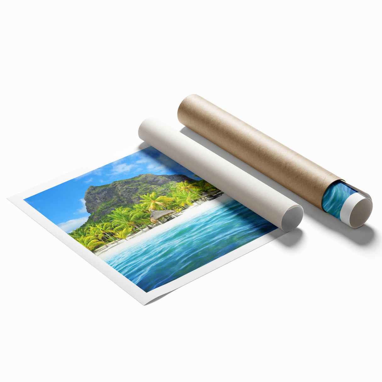 Extra large rolled canvas print featuring a serene Mauritian landscape with vibrant green and blue tones.