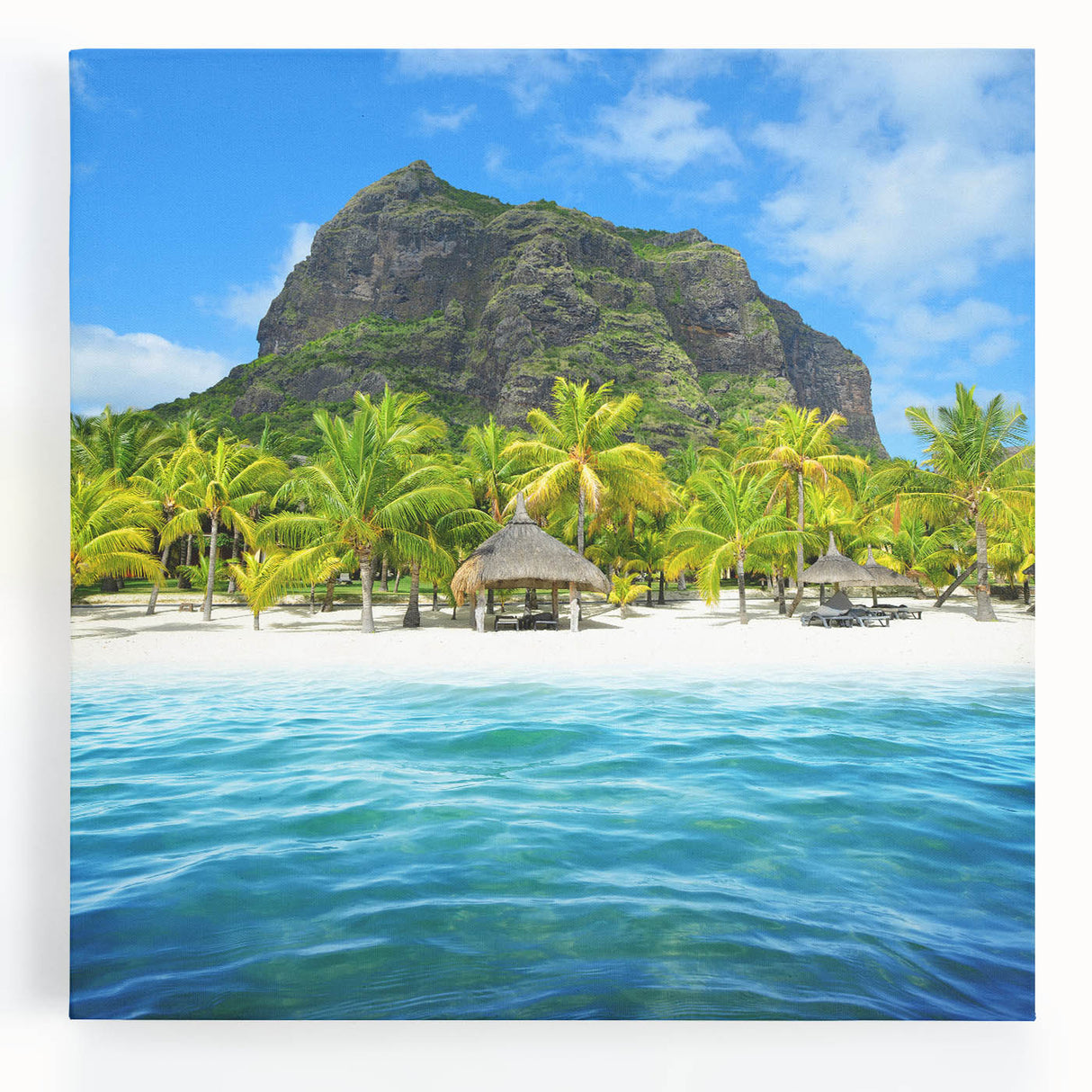 Black and white photo of a Mauritian landscape on a large stretched canvas, suitable for kitchen wall art.