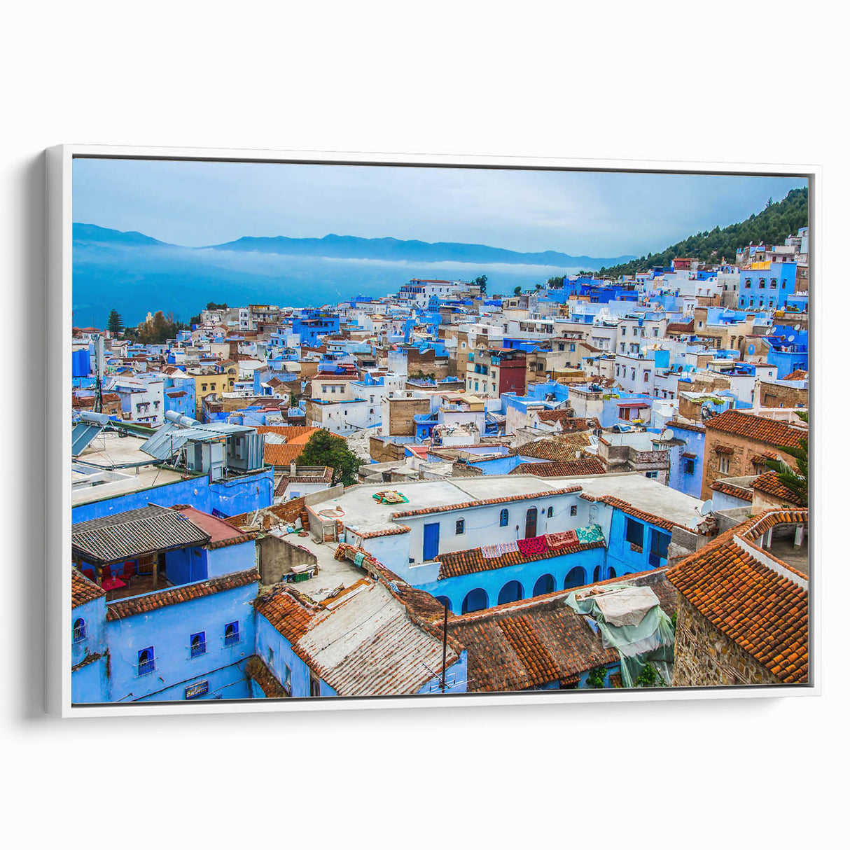 Framed canvas depicting a vintage Moroccan landscape in muted earth tones, ideal for bedroom wall decor.