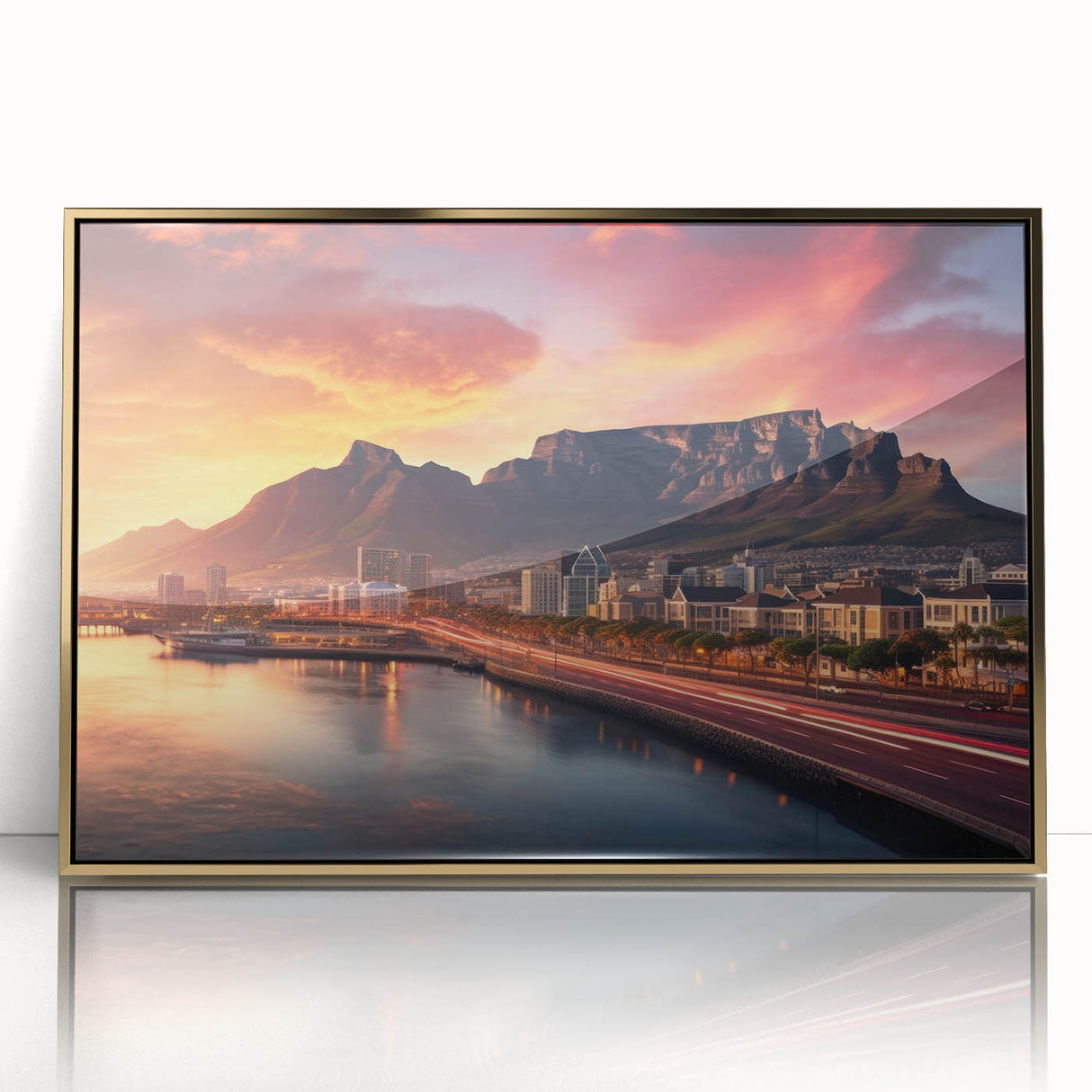 Large art print of a South African scenery in mid-century modernist style, featuring acrylic gold tones, framed.