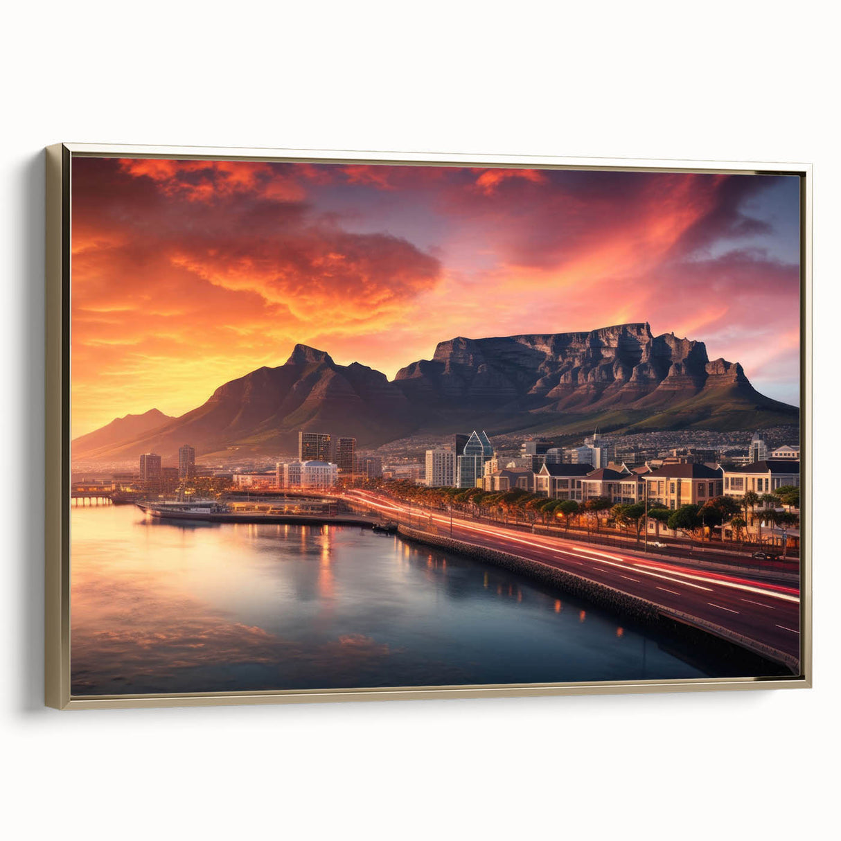 Framed canvas landscape painting of an African savannah at sunset, with muted gold and black tones.