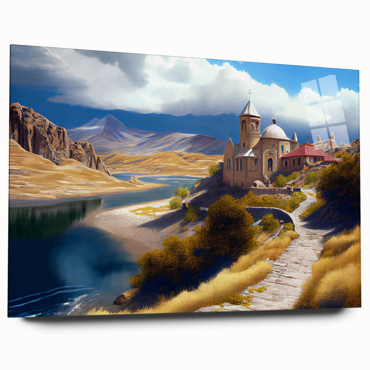 Large abstract wall art of an Asian landscape in muted green and blue tones on acrylic glass.