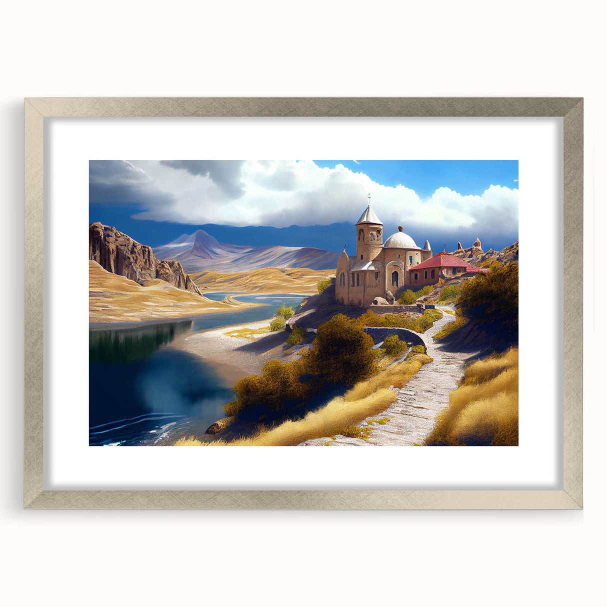 Textured abstract art print depicting a serene Asian landscape in muted earth tones on a framed silver mat.