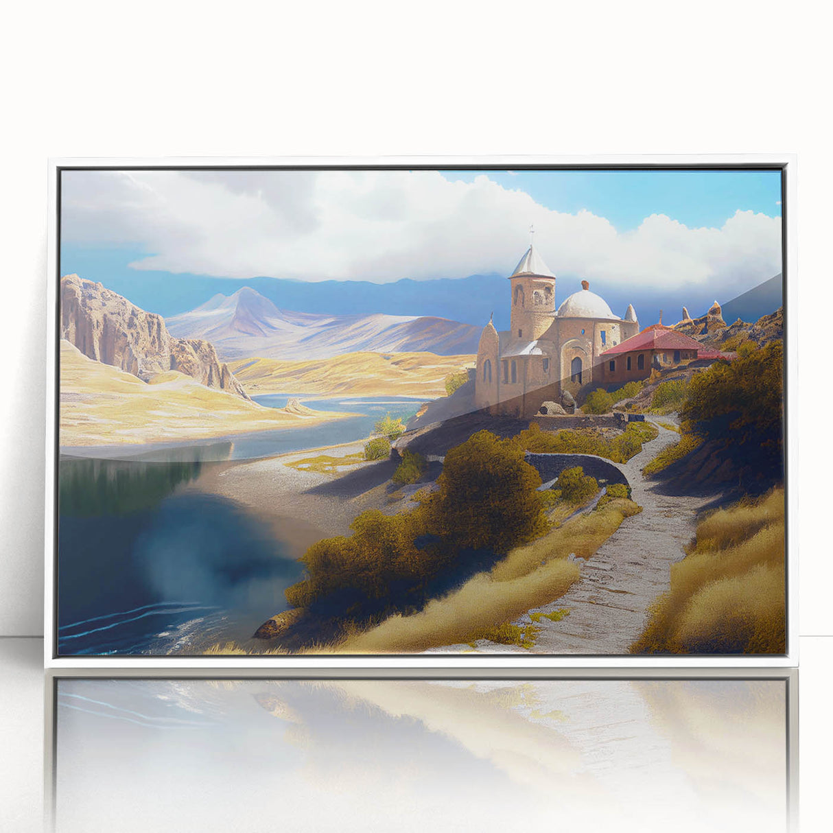 Art deco poster of an Azerbaijani landscape on white framed acrylic, with neutral and earth tones.