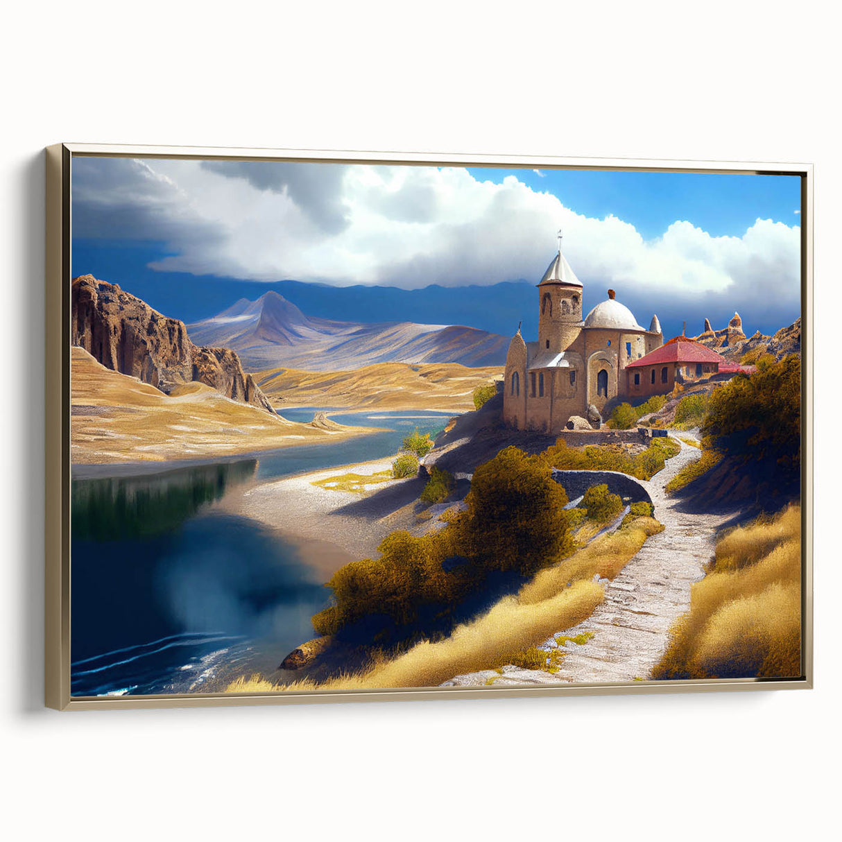Framed canvas depicting a vintage-style landscape of Azerbaijan with muted gold and black tones, ideal for bedroom wall art.