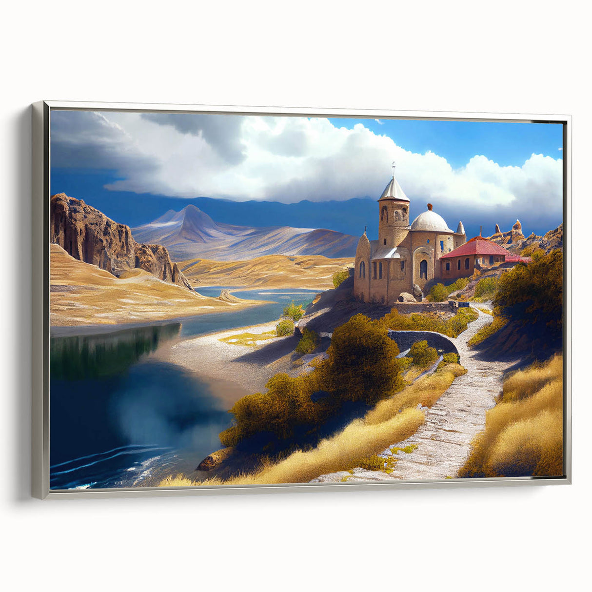 Framed canvas landscape art painting featuring a vintage-style colorful Azerbaijan scenery.