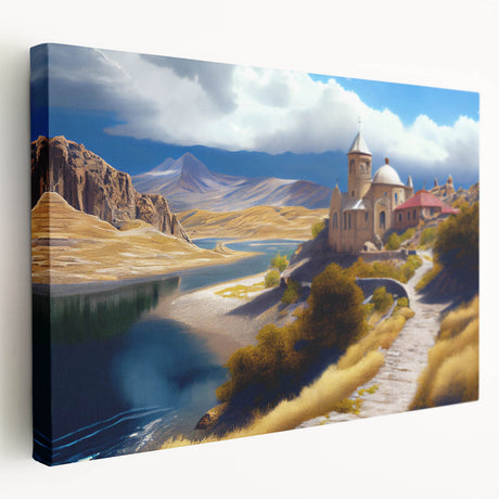 Large stretched canvas featuring a serene landscape of Azerbaijan, with lush green tones, ideal for kitchen wall art.