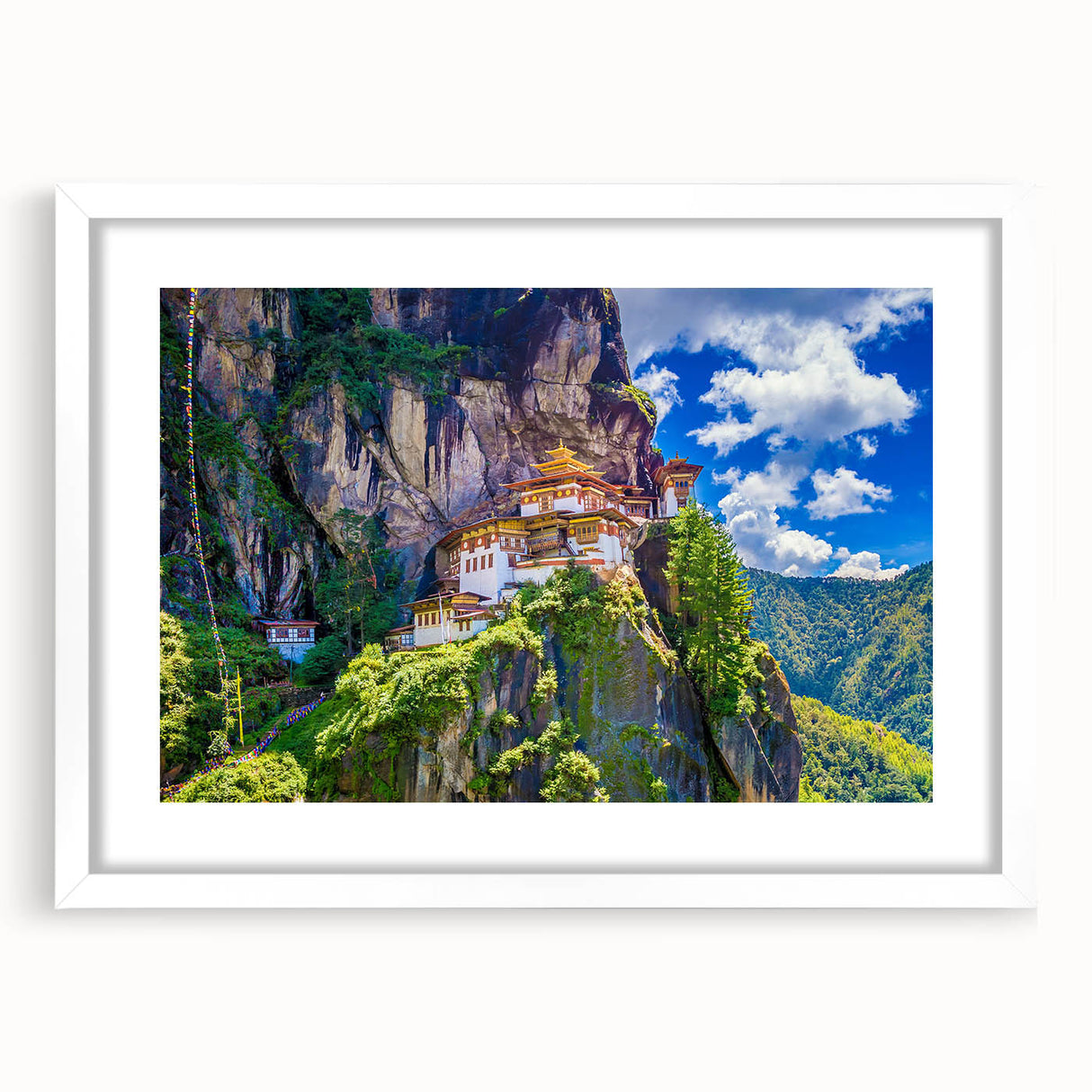 Abstract art print of Bhutanese landscape in muted earth tones on a framed white mat, ideal for dining room decor.