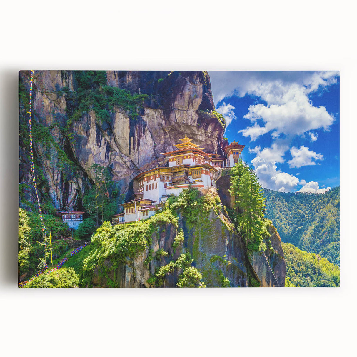 Black and white photograph of Bhutanese landscape on large stretched canvas, suitable for kitchen wall art.