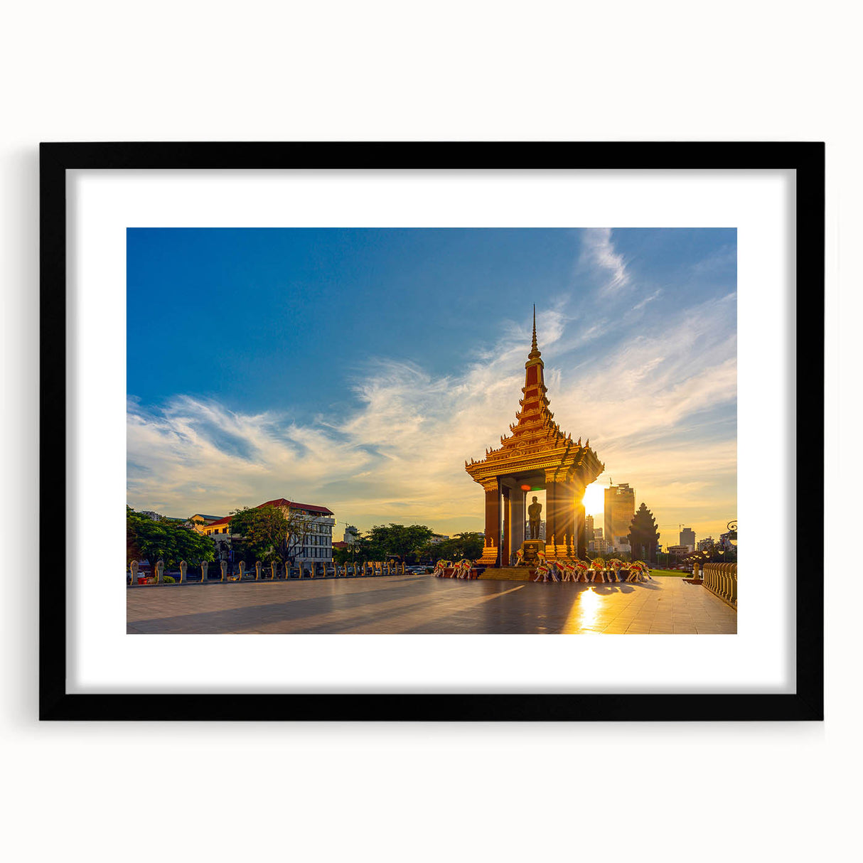 Extra large abstract art print featuring a colorful, textured representation of a Cambodian scenery on a black framed canvas.