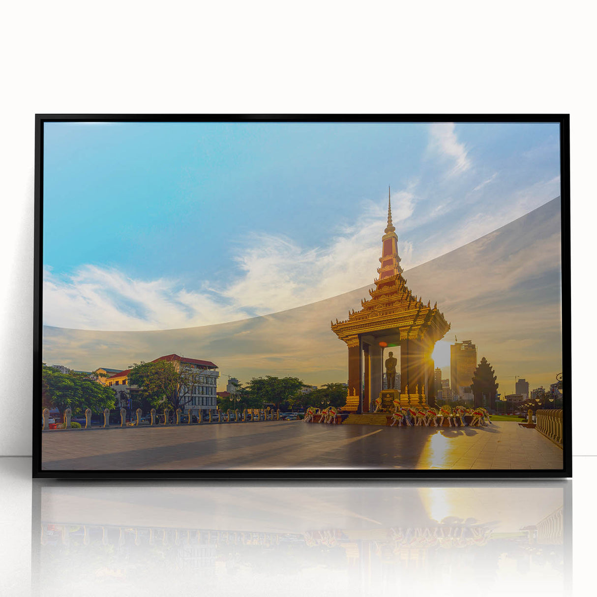 Large abstract wall art depicting a Cambodian landscape in muted earth tones, framed in black acrylic.