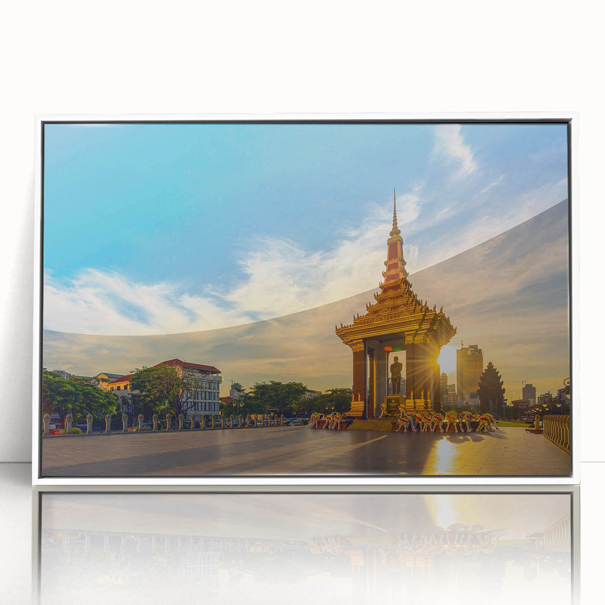 Framed acrylic print depicting a serene Cambodian landscape in muted earth tones, suitable for modern art wall decor.