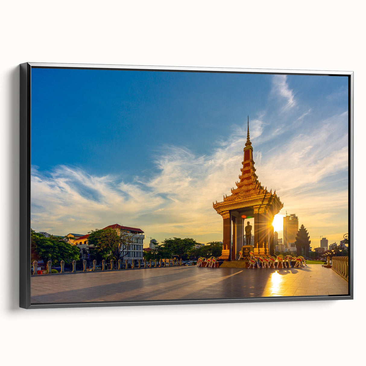 Black and white wall art featuring a vintage poster art style landscape of Cambodia on framed canvas.