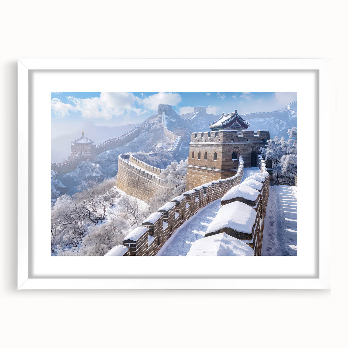 Abstract art print of the Great Wall of China in muted earth tones on a framed white mat, suitable for dining room decor.