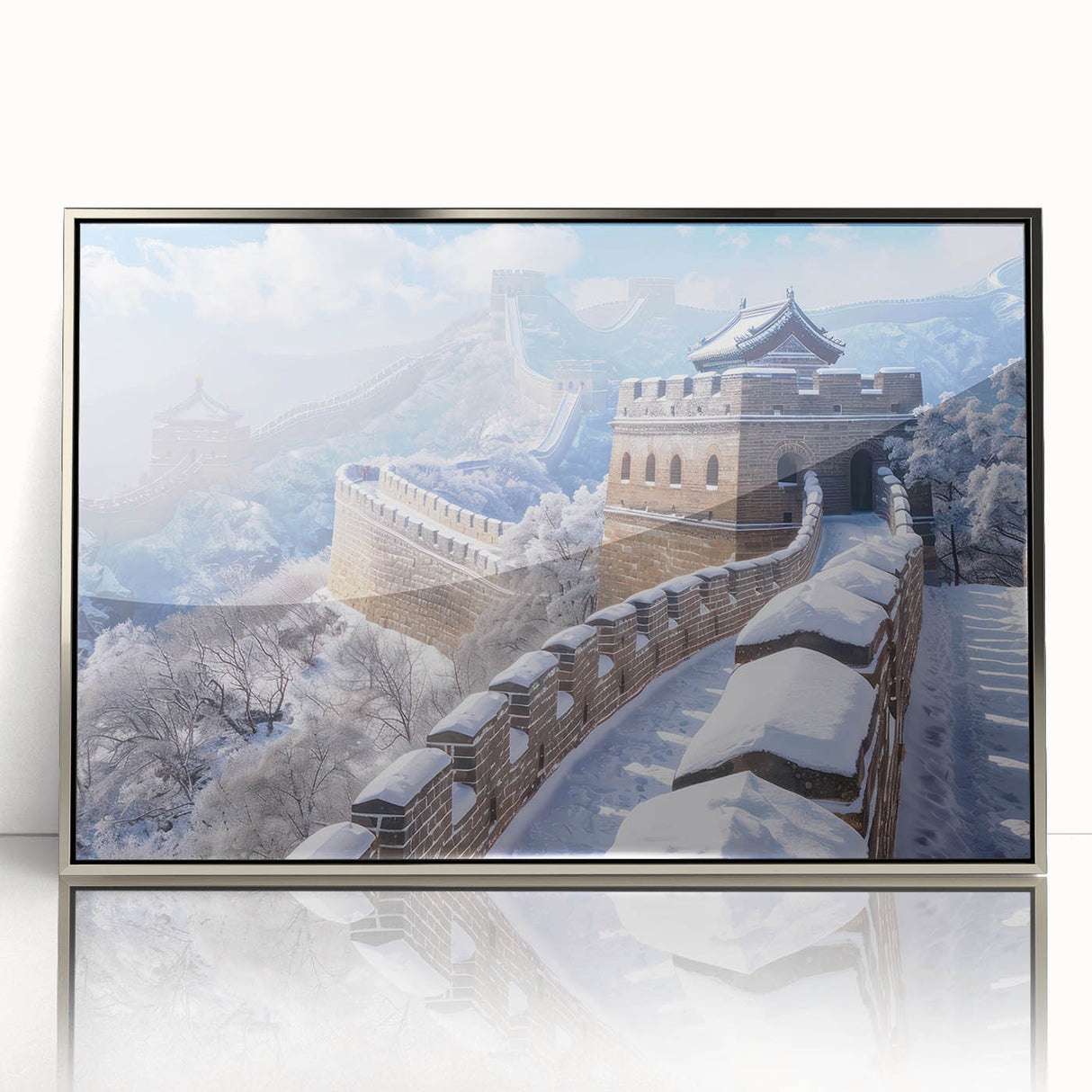 Mid-century modernist art of the Great Wall of China in muted earth tones on a framed acrylic print.