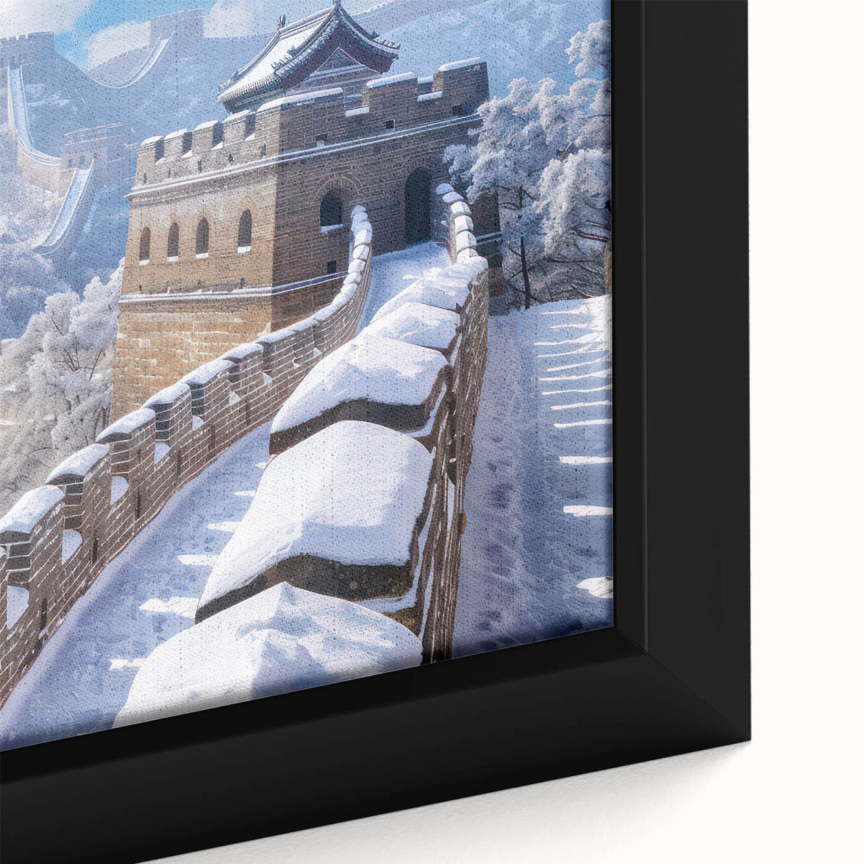 Close-up of a textured black wall art depicting the Great Wall of China in muted colors on a framed canvas.