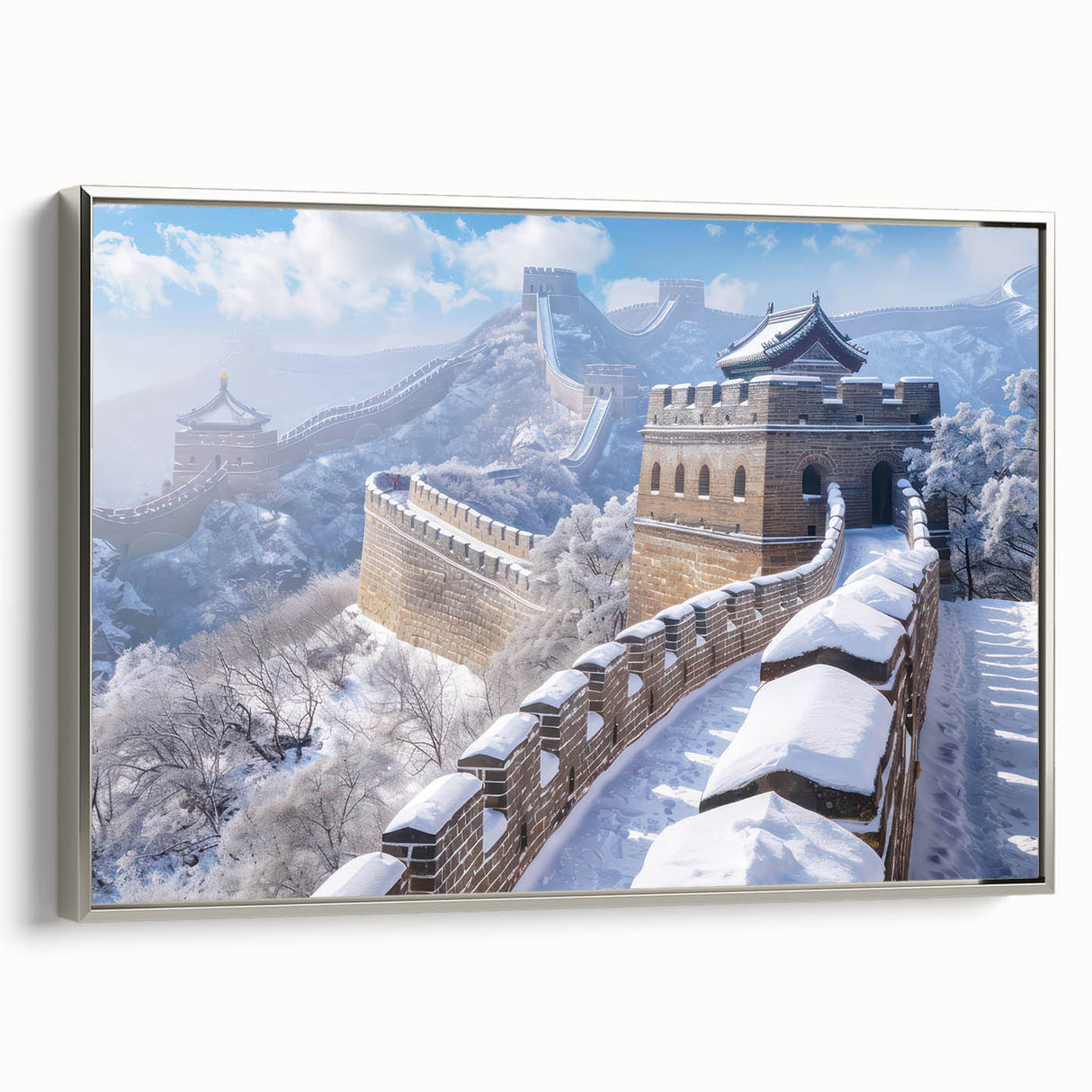 Framed canvas depicting the Great Wall of China in muted earth tones, ideal for adding a vintage touch to any living space.