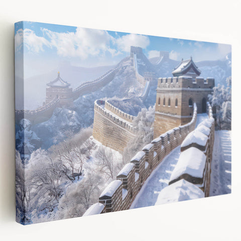 Side view of the Great Wall of China in muted earth tones on stretched canvas, suitable for kitchen wall art.