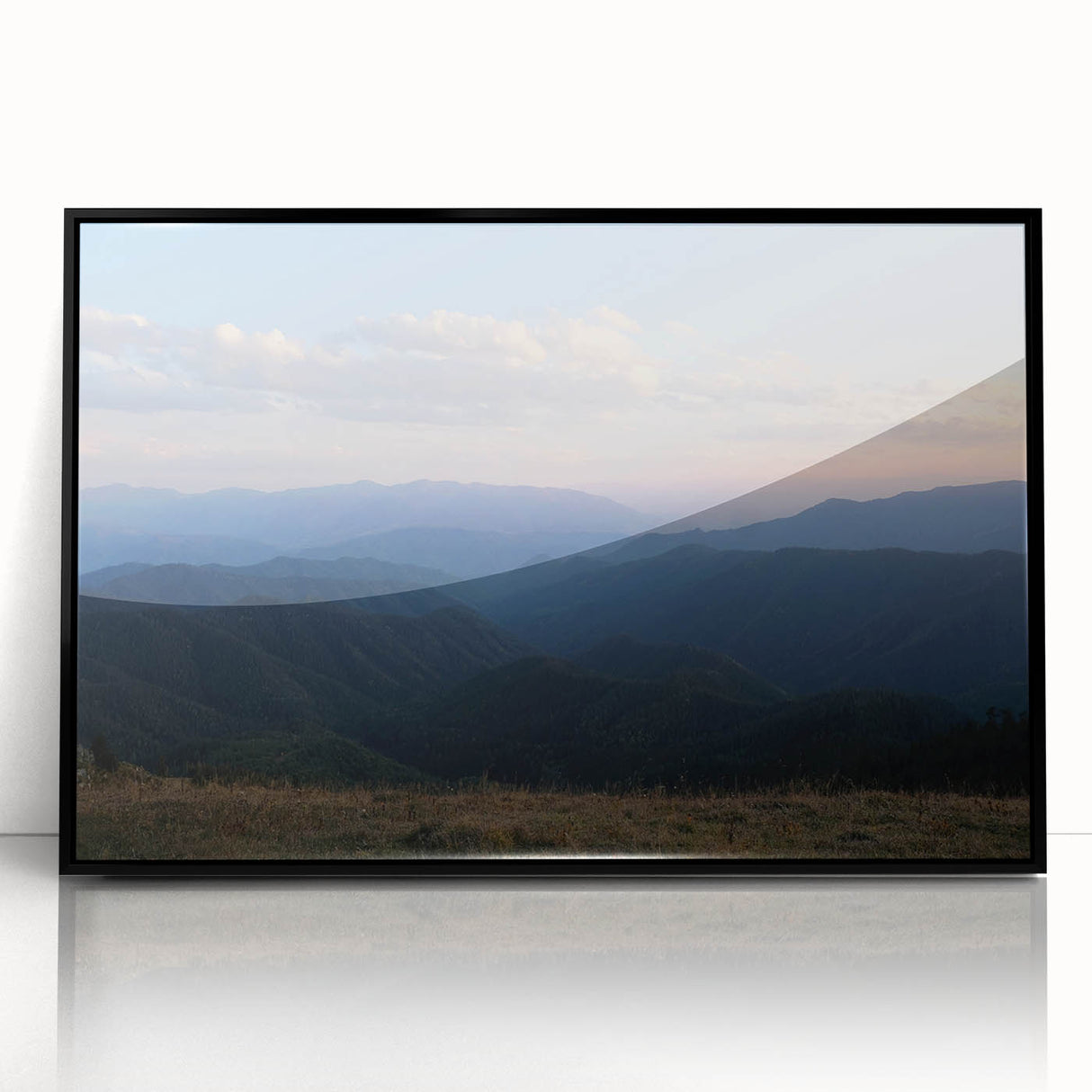 Framed acrylic print of large abstract wall art featuring geometric shapes in black and white.