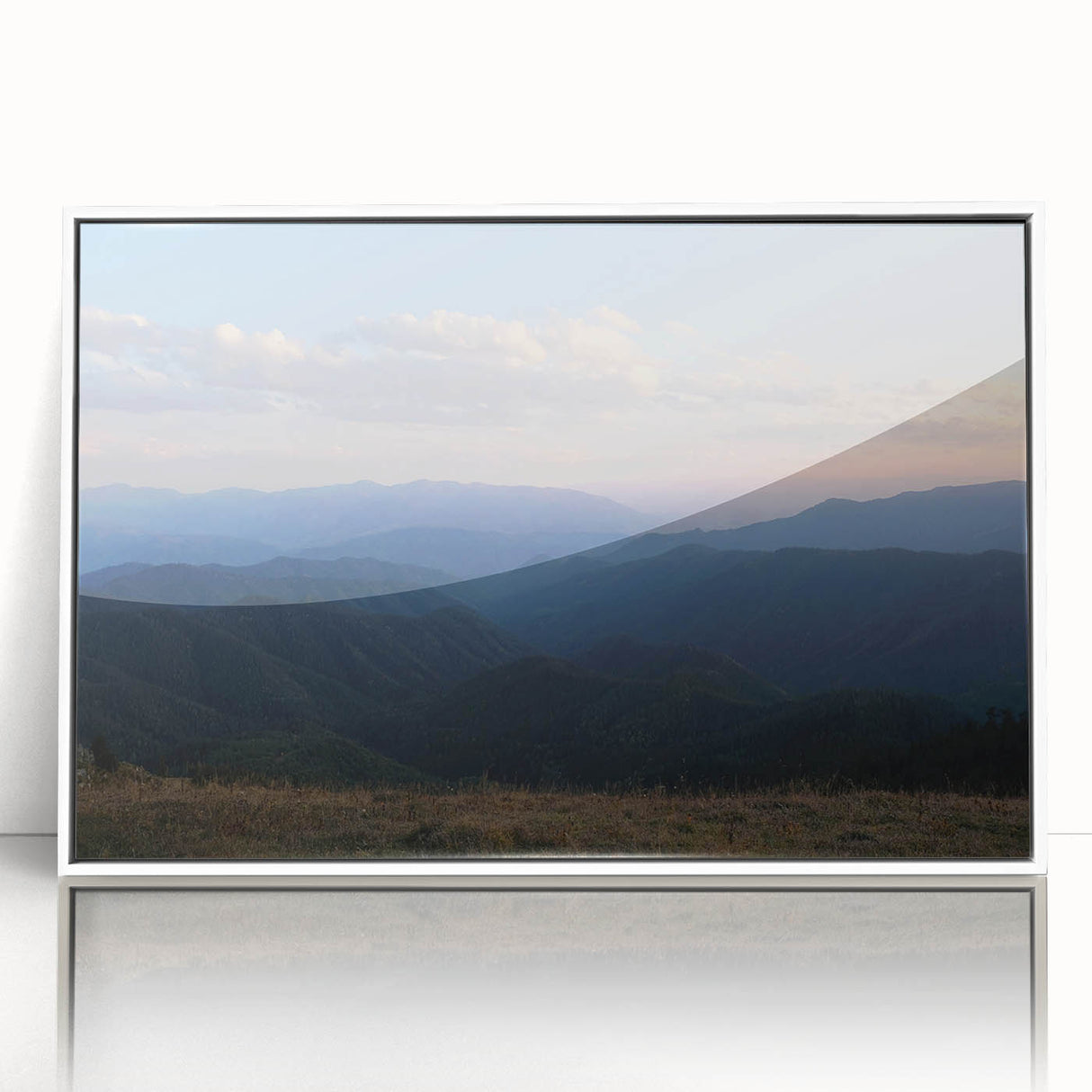 Art deco poster featuring a serene Georgian landscape in muted green and white tones, acrylic framed.