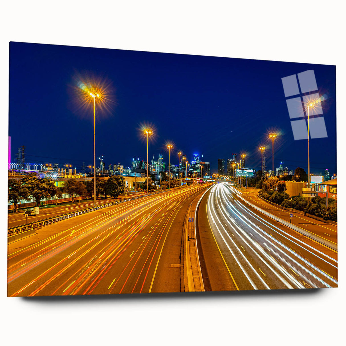 Large abstract depiction of Melbourne skyline in muted blues and grays on acrylic glass.