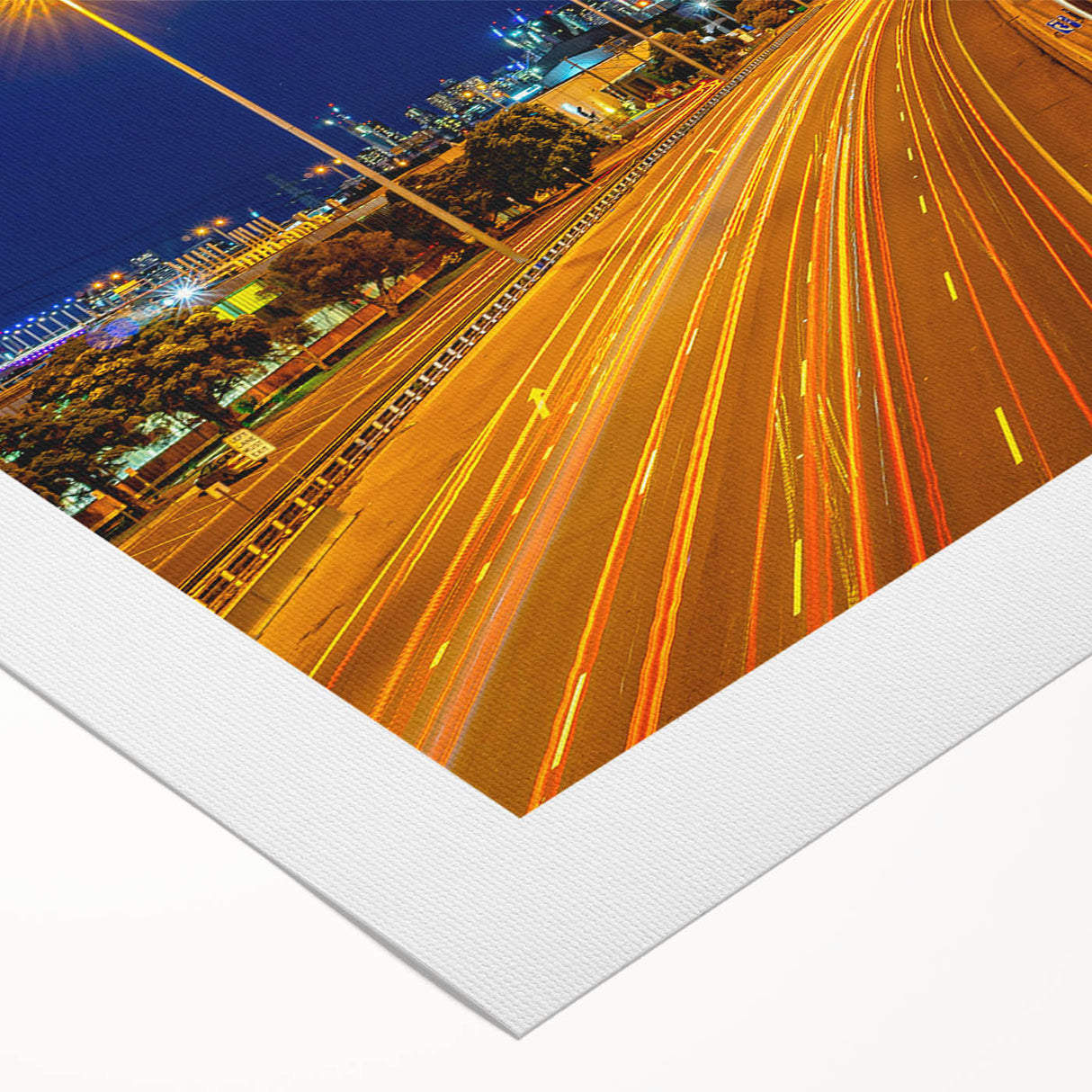 Art deco poster of Melbourne skyline in muted gold and blue tones on rolled canvas, suitable for dining room wall art.