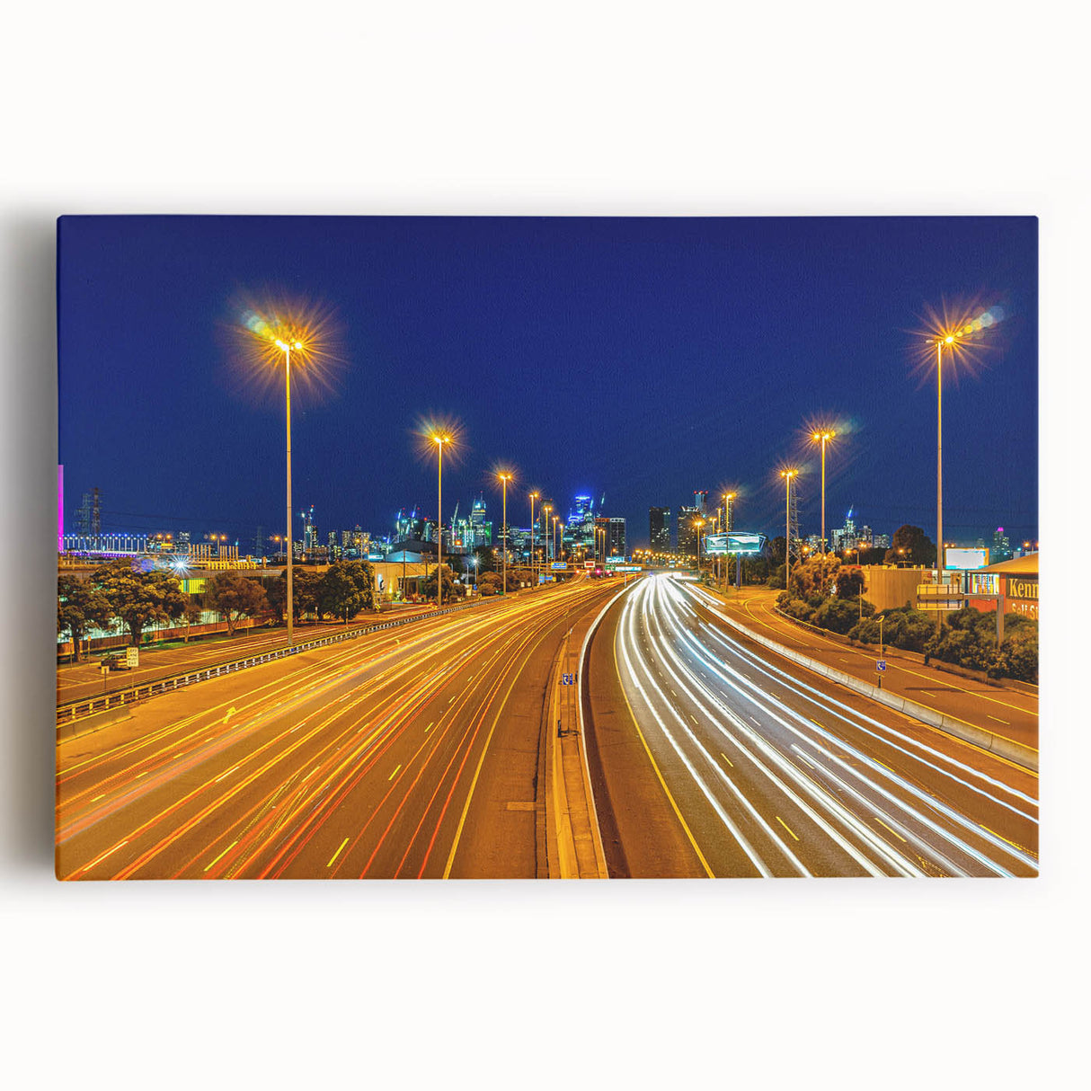Black and white large art print of Melbourne skyline on stretched canvas, suitable for kitchen wall art.