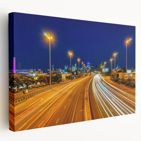 Large art print of Melbourne skyline in muted gray tones on stretched canvas, ideal for kitchen wall decor.
