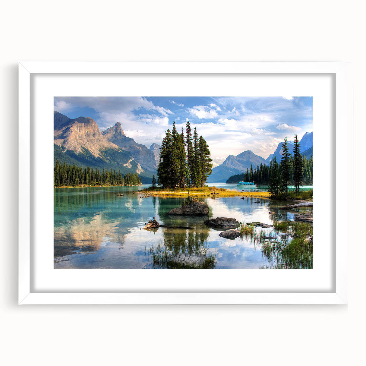 Abstract art print of a serene Alberta, Canada landscape in muted earth tones on a white framed canvas.