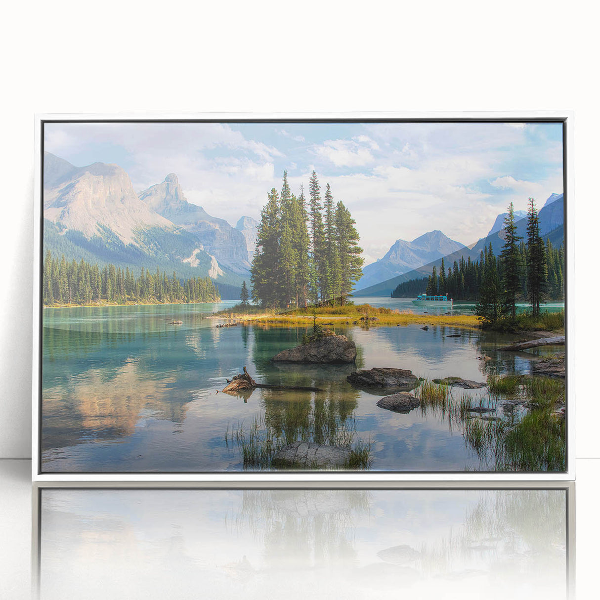 Acrylic print of a serene Alberta, Canada landscape in muted green and blue tones, framed in white.