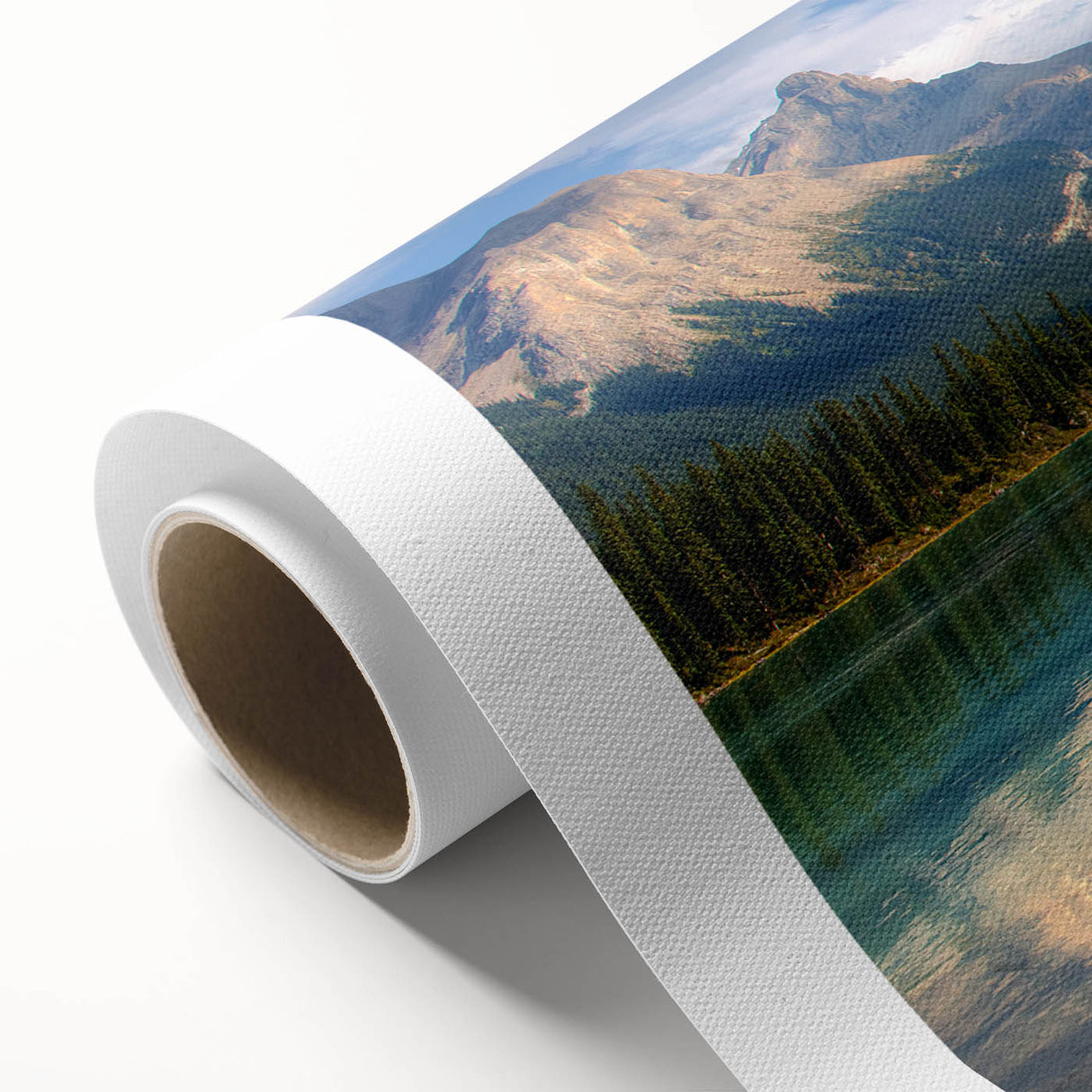 Art deco poster of Alberta, Canada scenery in muted earth tones on rolled canvas, ideal for nursery wall art.