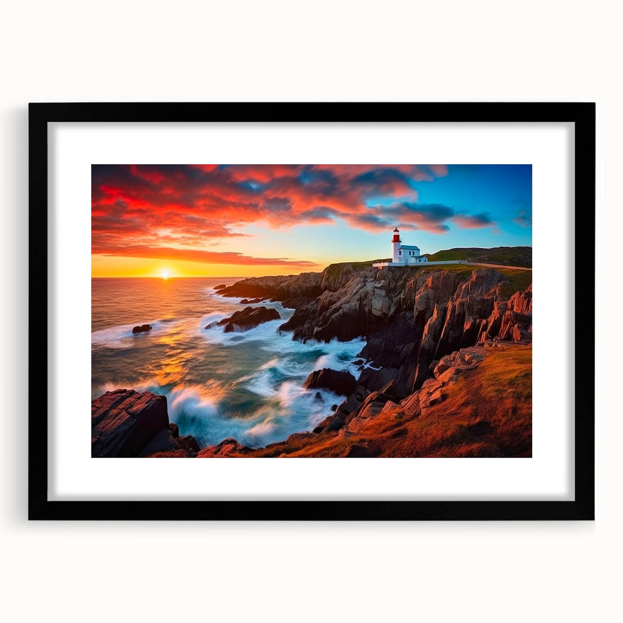 Extra large, textured abstract art print of vibrant, colorful scenery in Newfoundland on a framed black mat.