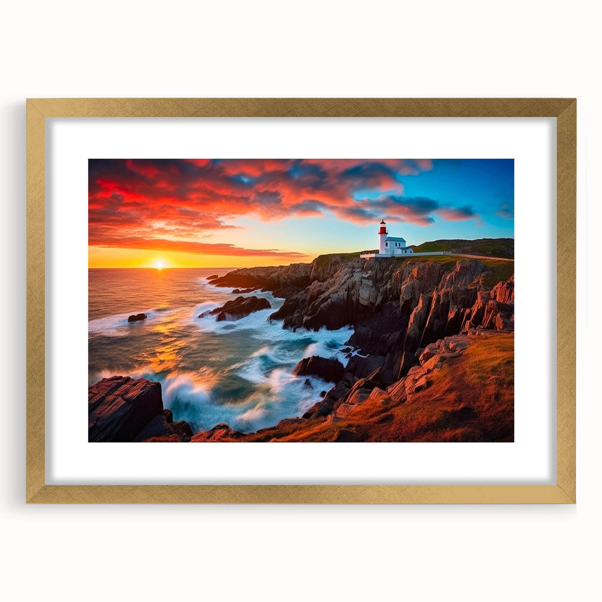 Textured abstract art print of a Newfoundland scenery in muted earth tones, framed in gold, ideal for living room decor.