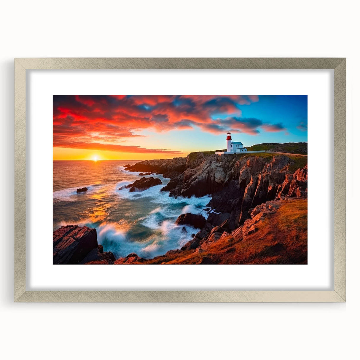 Abstract textured art print of a Newfoundland scenery in muted earth tones, framed with a silver mat.