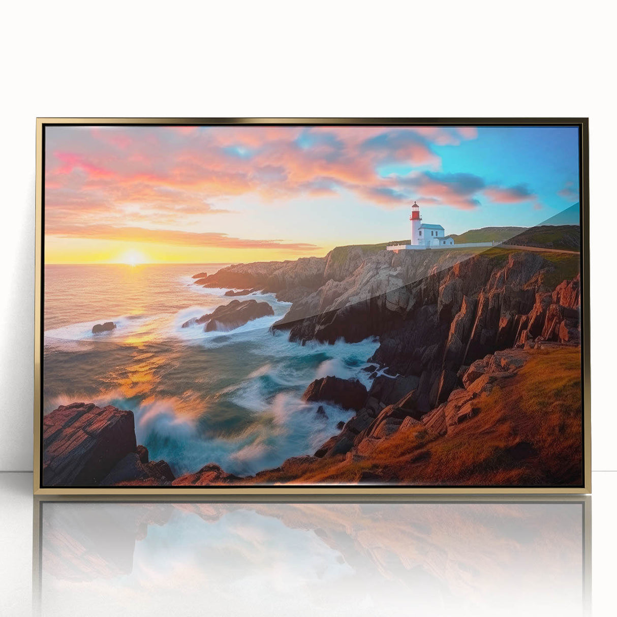 Large acrylic print of a Newfoundland scenery in mid-century modernist style with gold framing.