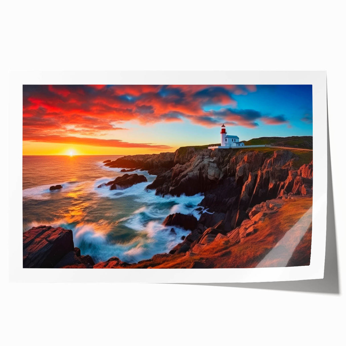 Scenic Newfoundland landscape on a rolled print, featuring vibrant greenery and calm blue waters.
