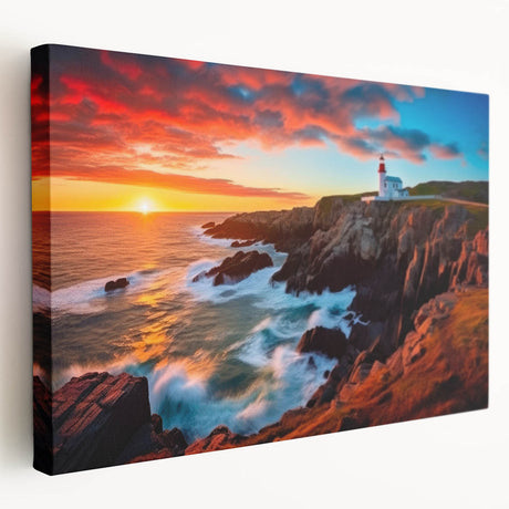 Scenic Newfoundland landscape on a large stretched canvas, showcasing muted green and blue tones, ideal for kitchen wall art.