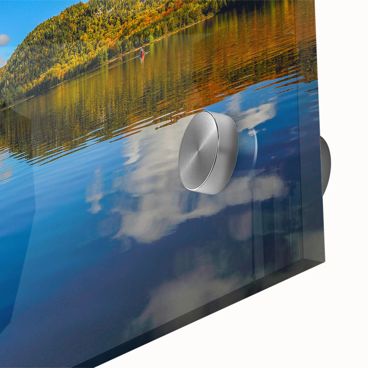 Large abstract wall art on acrylic glass depicting a Quebec scenery in mid-century modernist style.