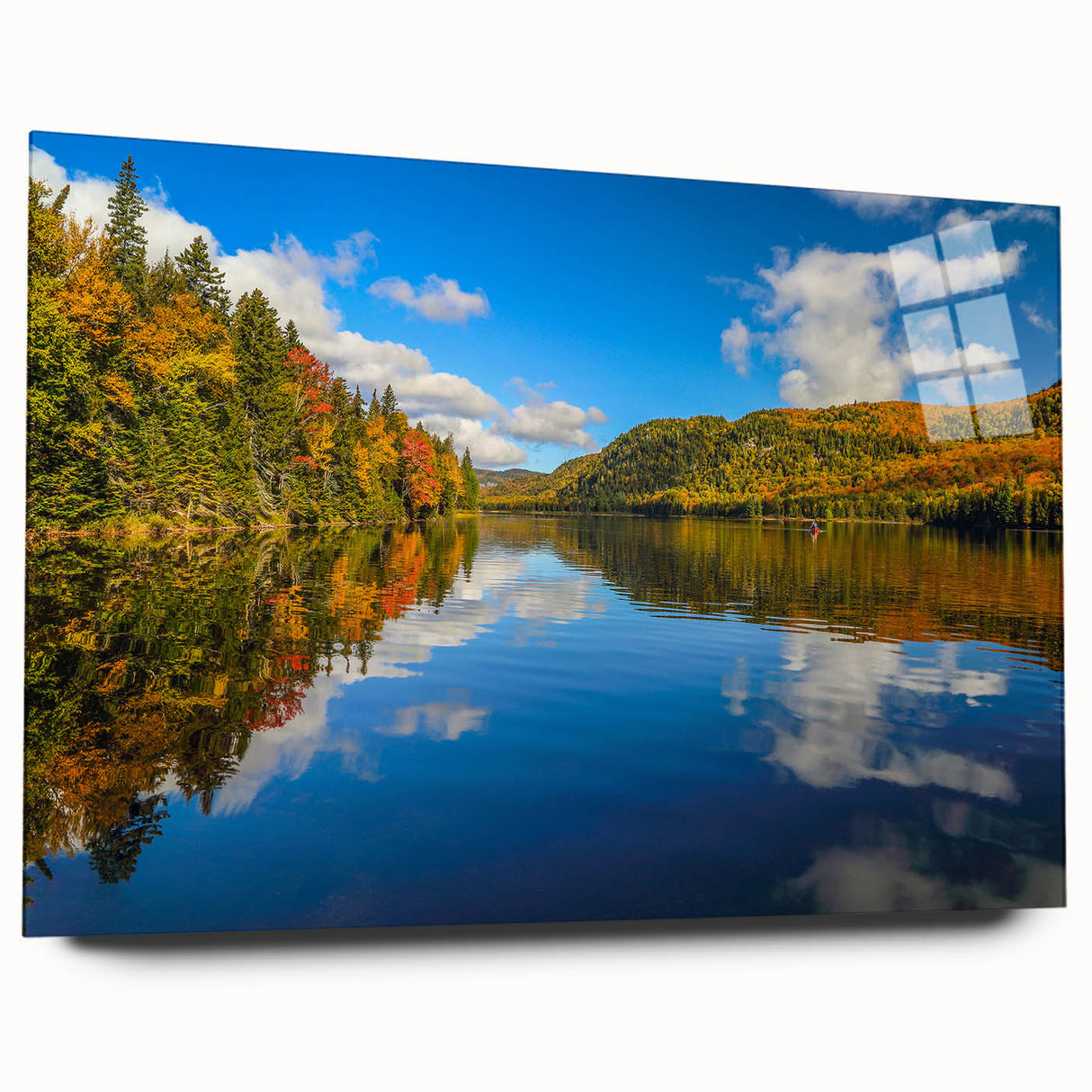 Large abstract wall art depicting Quebec scenery in muted earth tones on acrylic glass.