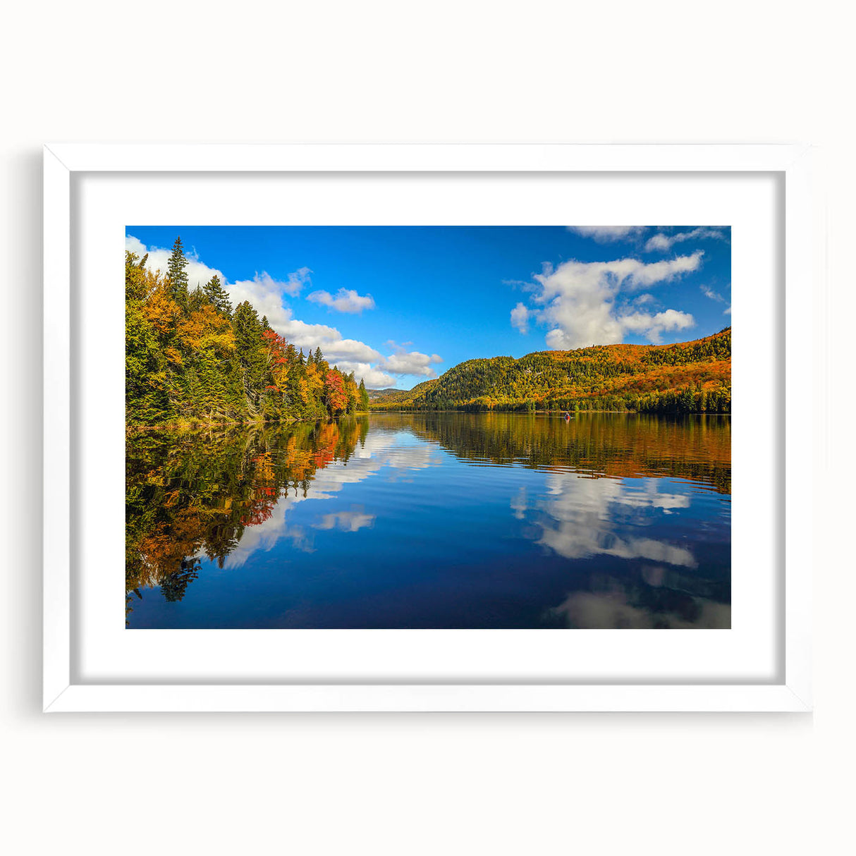 Abstract art print depicting a serene Quebec landscape in muted blue and green tones, framed with a white mat.